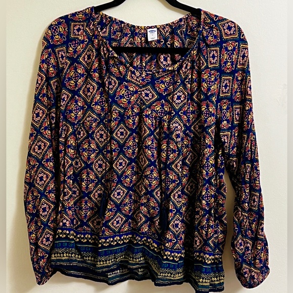 Old Navy Tops - Old Navy Boho Artsy Long Sleeve Scoop Neck Top Tassels Relaxed Blouse Medium